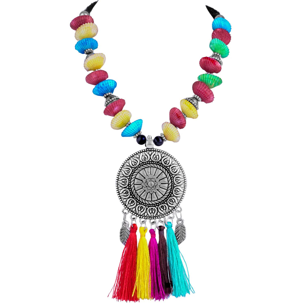 JFL - Jewellery for Less Traditional Fancy Oxidised Silver Plated Multi Colour Tassel With mussels shell Necklace Set For Women & Girls.(Navratri Special)