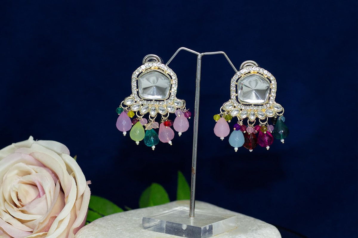 JFL-Jewellery for Less Gold Plated White Kundan with Crystal Multi beads Drop Design Earring for Women & Girls.(Navratri Special)
