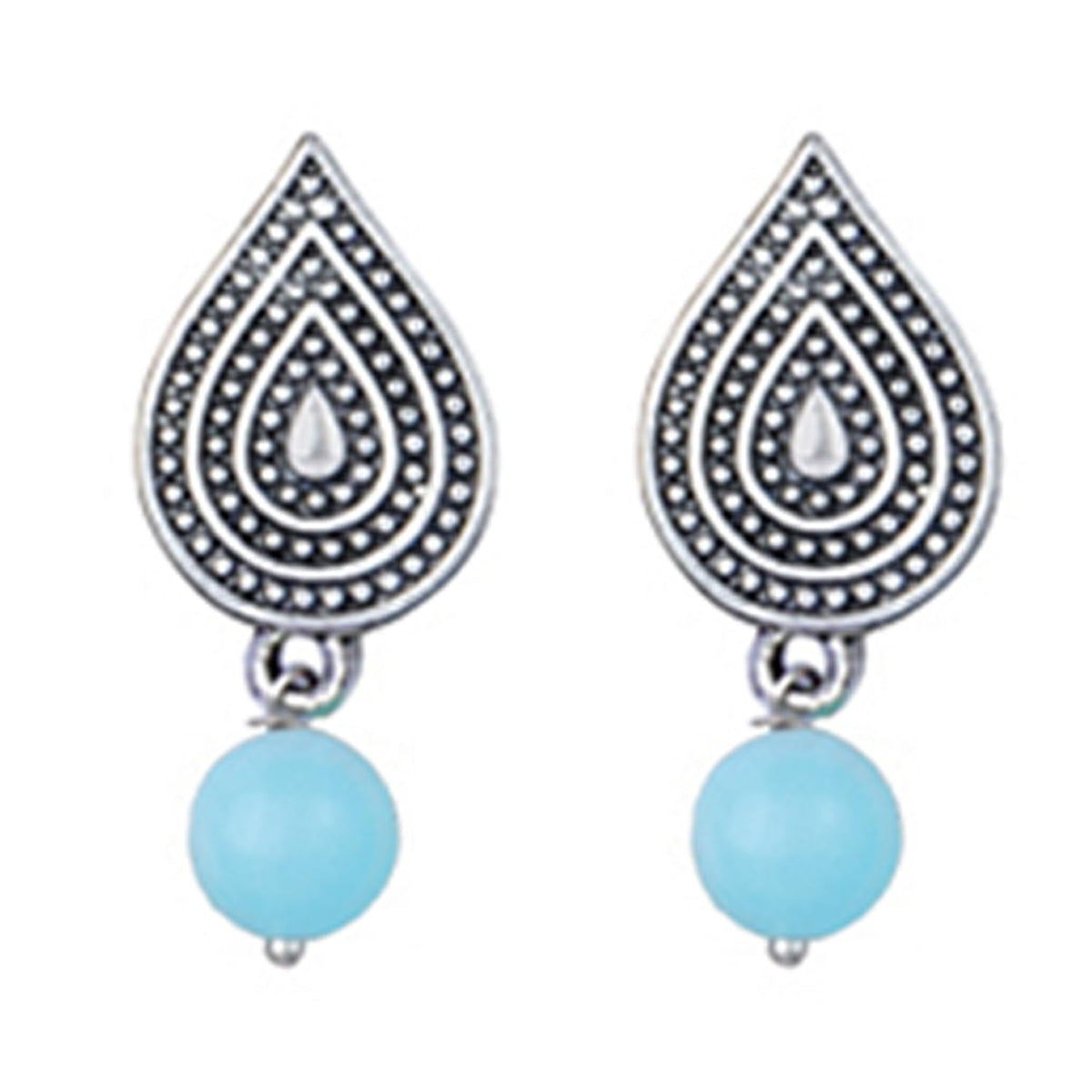 Oxidized German Silver Half Moon Pendant Necklace with Sky Blue Beads and Matching Earrings & Bracelet – Navratri Special Traditional Jewellery Set for Women