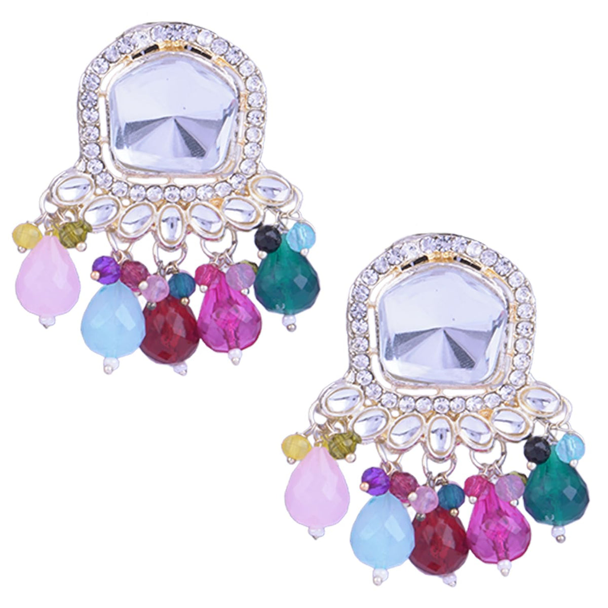 JFL-Jewellery for Less Gold Plated White Kundan with Crystal Multi beads Drop Design Earring for Women & Girls.(Navratri Special)