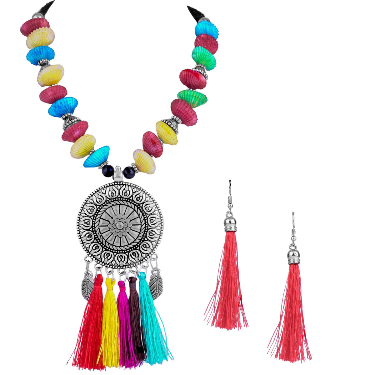 JFL - Jewellery for Less Traditional Fancy Oxidised Silver Plated Multi Colour Tassel With mussels shell Necklace Set For Women & Girls.(Navratri Special)