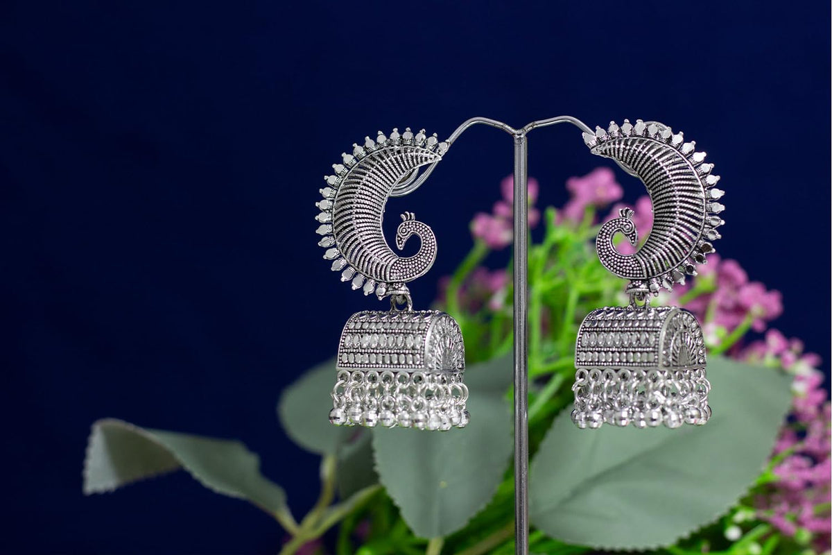 JFL-Jewellery for Less Stylish Antique Oxidised Silver Plated Peacock Design Jhumki Earring for Women & Girls.(Navratri Special)
