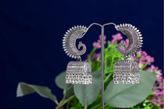 JFL-Jewellery for Less Stylish Antique Oxidised Silver Plated Peacock Design Jhumki Earring for Women & Girls.(Navratri Special)