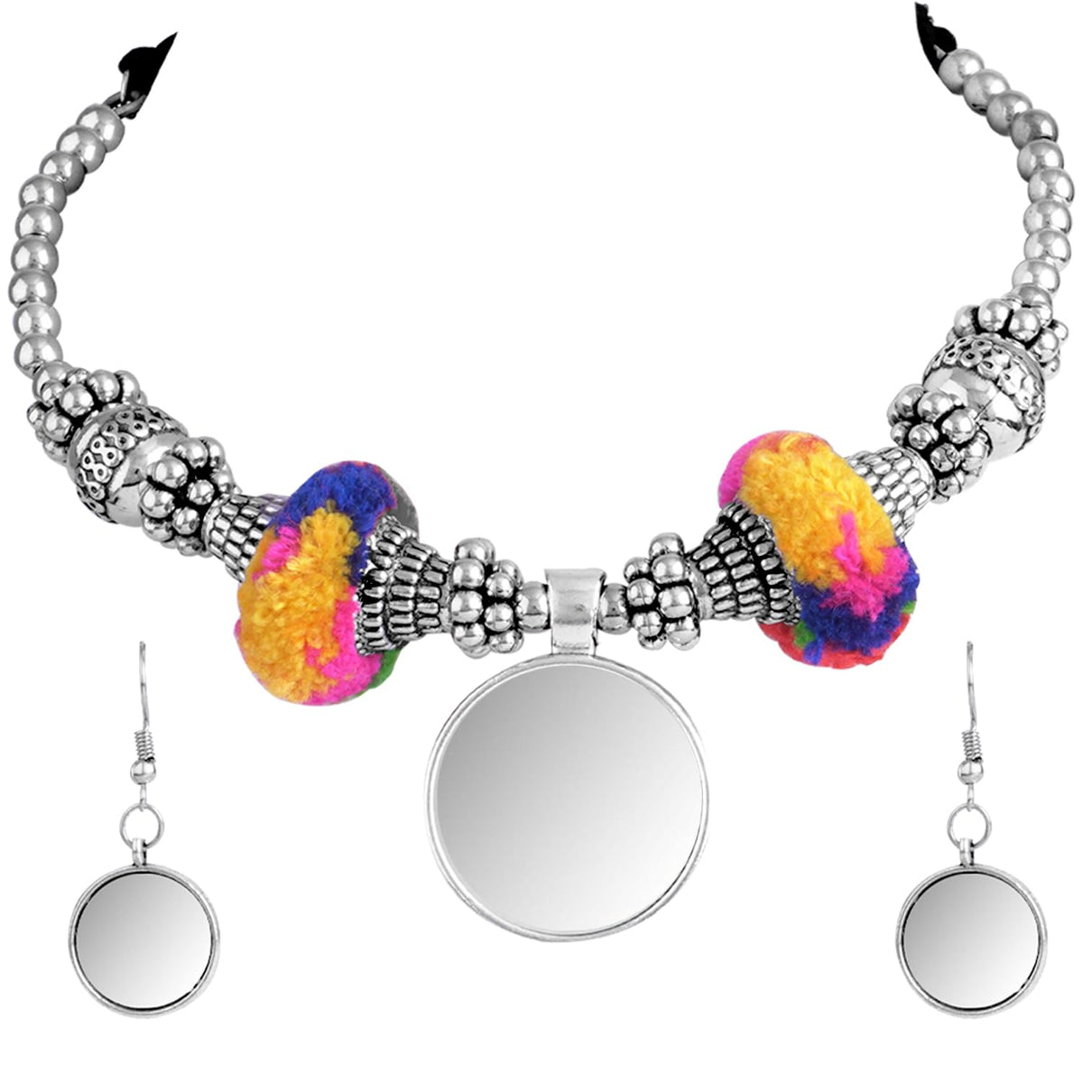 JFL - Jewellery for Less Oxidised Silver Plated Mirror Work With Pom-Pom Necklace Sets with Matching Earrings for Women and Girls.(Navratri Special)