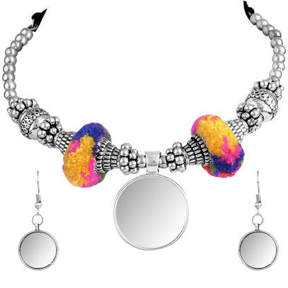 JFL - Jewellery for Less Oxidised Silver Plated Mirror Work With Pom-Pom Necklace Sets with Matching Earrings for Women and Girls.(Navratri Special)