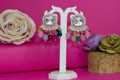 JFL-Jewellery for Less Gold Plated White Kundan with Crystal Multi beads Drop Design Earring for Women & Girls.(Navratri Special)