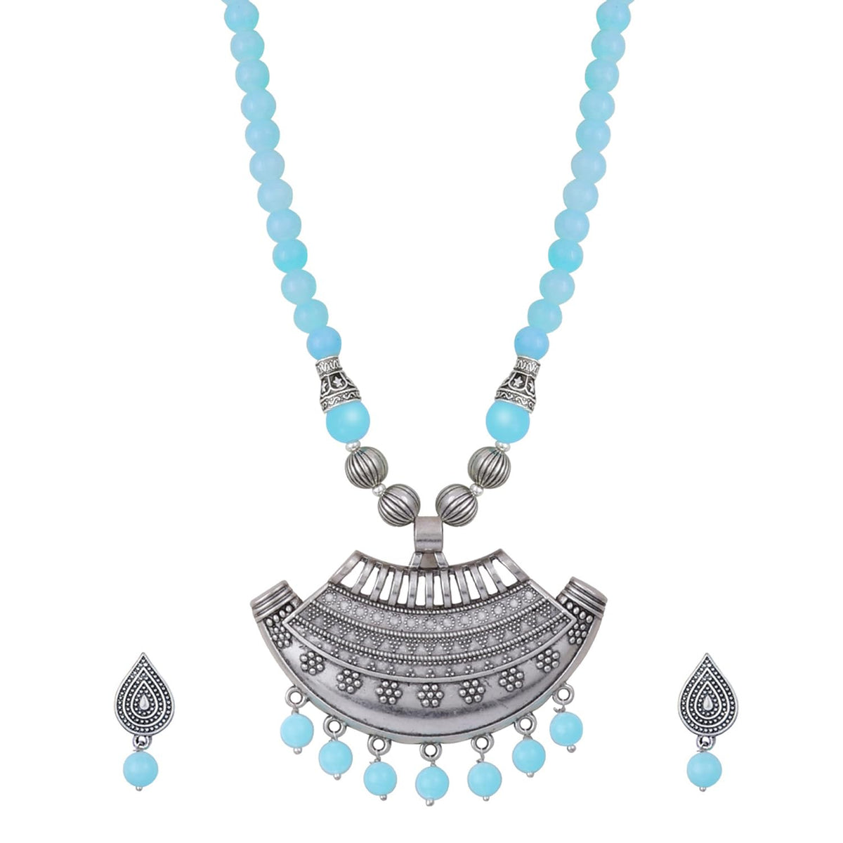 Oxidized German Silver Half Moon Pendant Necklace with Sky Blue Beads and Matching Earrings & Bracelet – Navratri Special Traditional Jewellery Set for Women