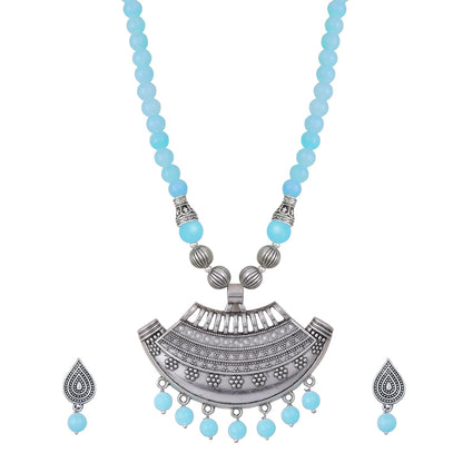 Oxidized German Silver Half Moon Pendant Necklace with Sky Blue Beads and Matching Earrings & Bracelet – Navratri Special Traditional Jewellery Set for Women