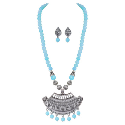 Oxidized German Silver Half Moon Pendant Necklace with Sky Blue Beads and Matching Earrings & Bracelet – Navratri Special Traditional Jewellery Set for Women