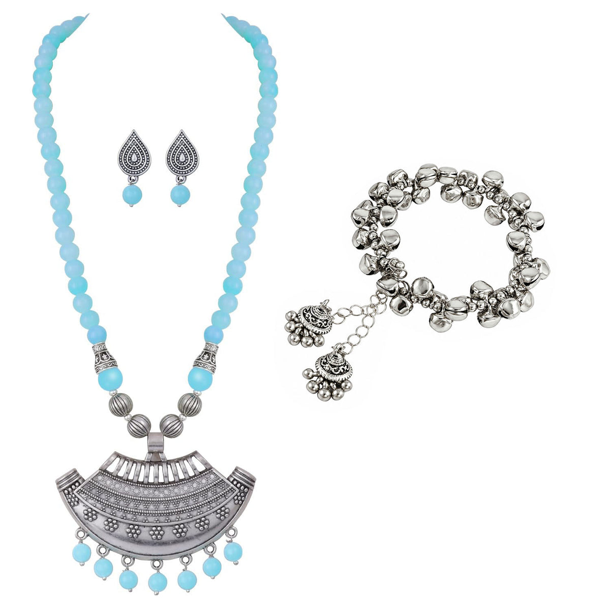 Oxidized German Silver Half Moon Pendant Necklace with Sky Blue Beads and Matching Earrings & Bracelet – Navratri Special Traditional Jewellery Set for Women