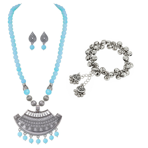 Oxidized German Silver Half Moon Pendant Necklace with Sky Blue Beads and Matching Earrings & Bracelet – Navratri Special Traditional Jewellery Set for Women