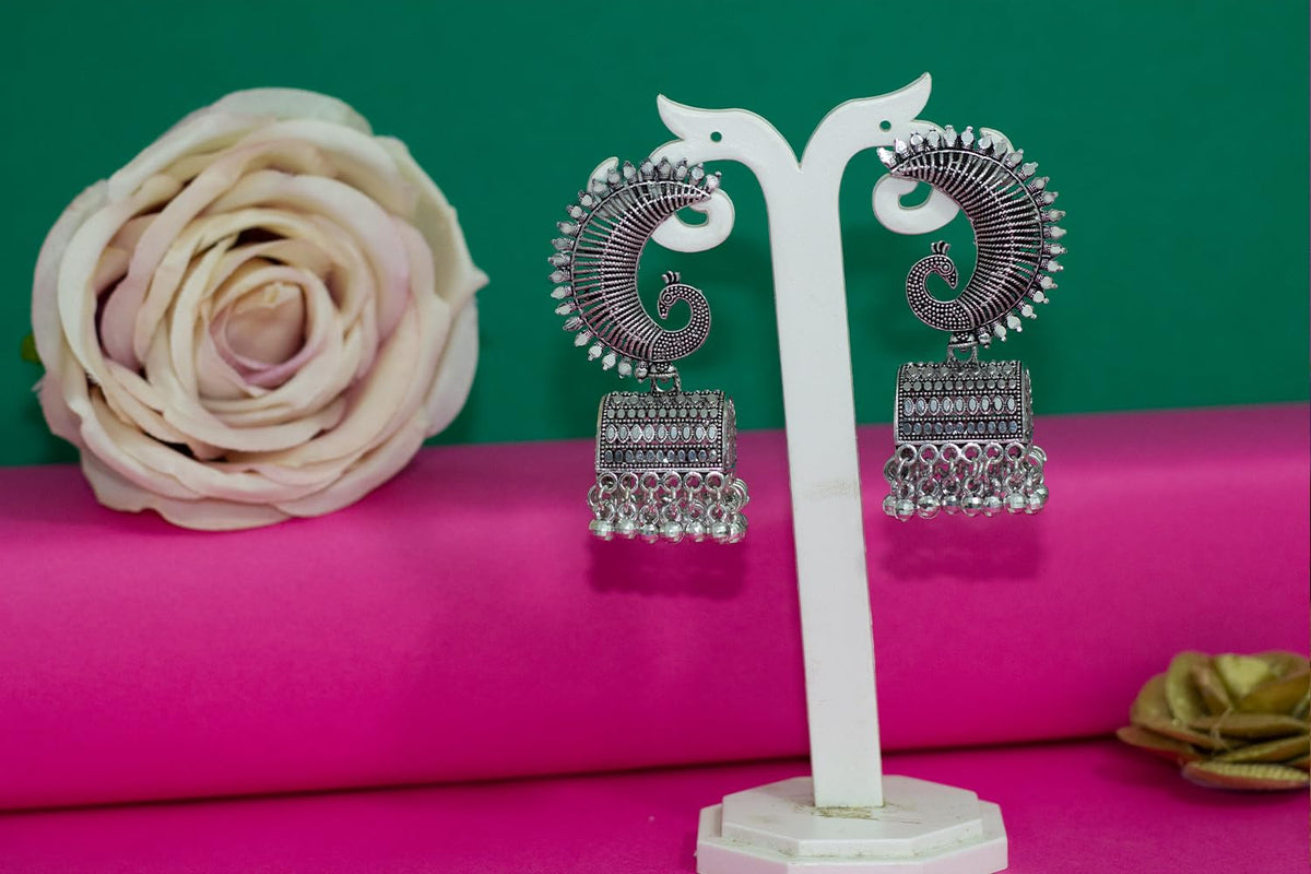 JFL-Jewellery for Less Stylish Antique Oxidised Silver Plated Peacock Design Jhumki Earring for Women & Girls.(Navratri Special)