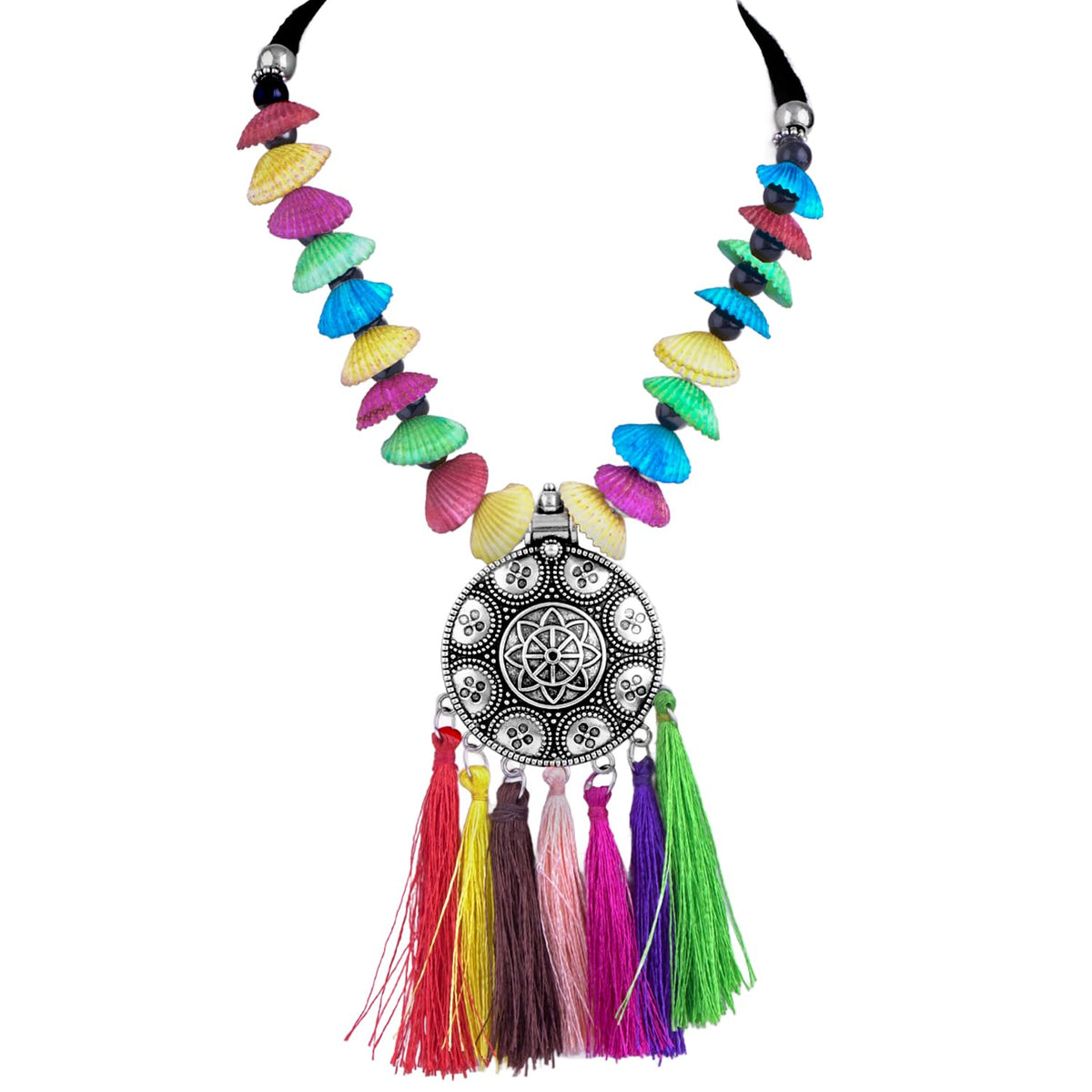 JFL - Jewellery for Less Traditional Fancy Oxidised Silver Plated Multi Colour Tassel With mussels shell Necklace Set For Women And Girls.(Navratri Special)