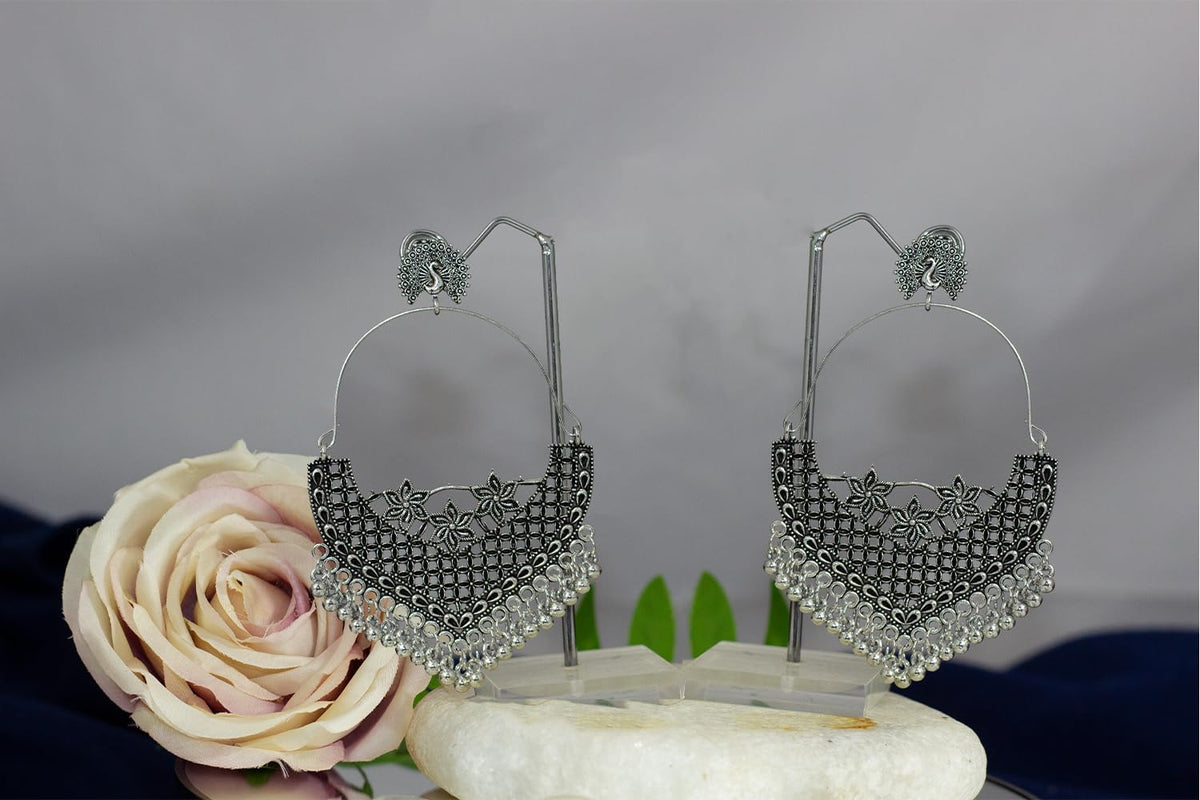 JFL-Jewellery for Less Antique Oxidised Silver Plated Peacock Design Chand Bali Earring for Women & Girls.(Navratri Special)