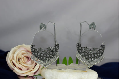 JFL-Jewellery for Less Antique Oxidised Silver Plated Peacock Design Chand Bali Earring for Women & Girls.(Navratri Special)