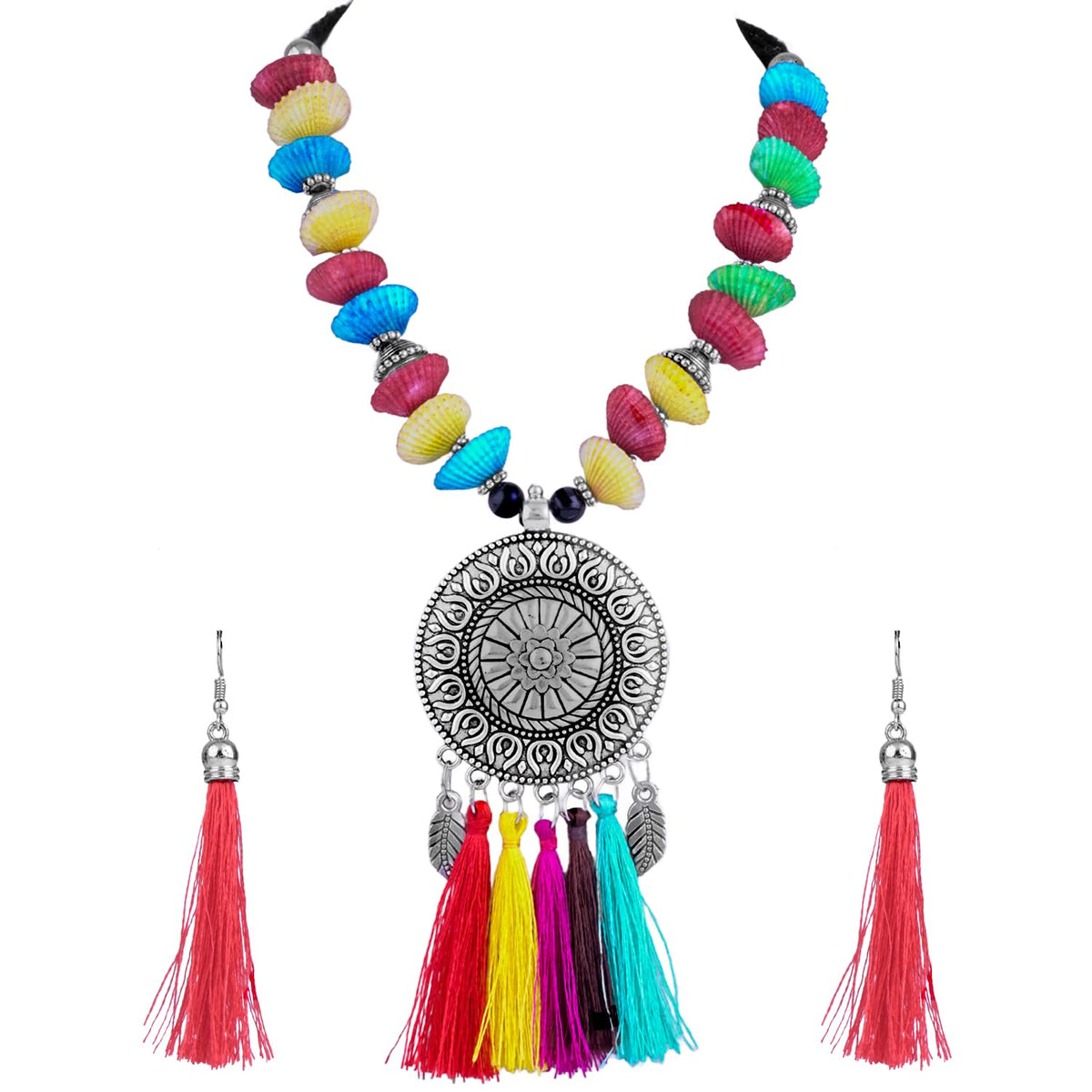 JFL - Jewellery for Less Traditional Fancy Oxidised Silver Plated Multi Colour Tassel With mussels shell Necklace Set For Women & Girls.(Navratri Special)