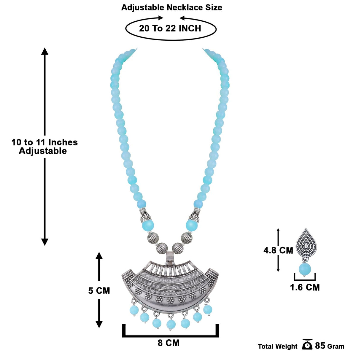 Oxidized German Silver Half Moon Pendant Necklace with Sky Blue Beads and Matching Earrings & Bracelet – Navratri Special Traditional Jewellery Set for Women