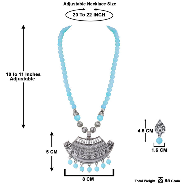 Oxidized German Silver Half Moon Pendant Necklace with Sky Blue Beads and Matching Earrings & Bracelet – Navratri Special Traditional Jewellery Set for Women
