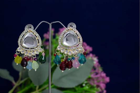 JFL-Jewellery for Less Traditional Gold Plated White Kundan with Crystal Multi beads Drop Design Earring for Women & Girls.(Navratri Special)