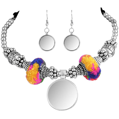 JFL - Jewellery for Less Combo Multicolor Oxidised Silver Plated Mirror Work ,Pom-Pom and Ghungroo Necklace Set with Adjustable Bracelet Women & Girls.(Navratri Special)