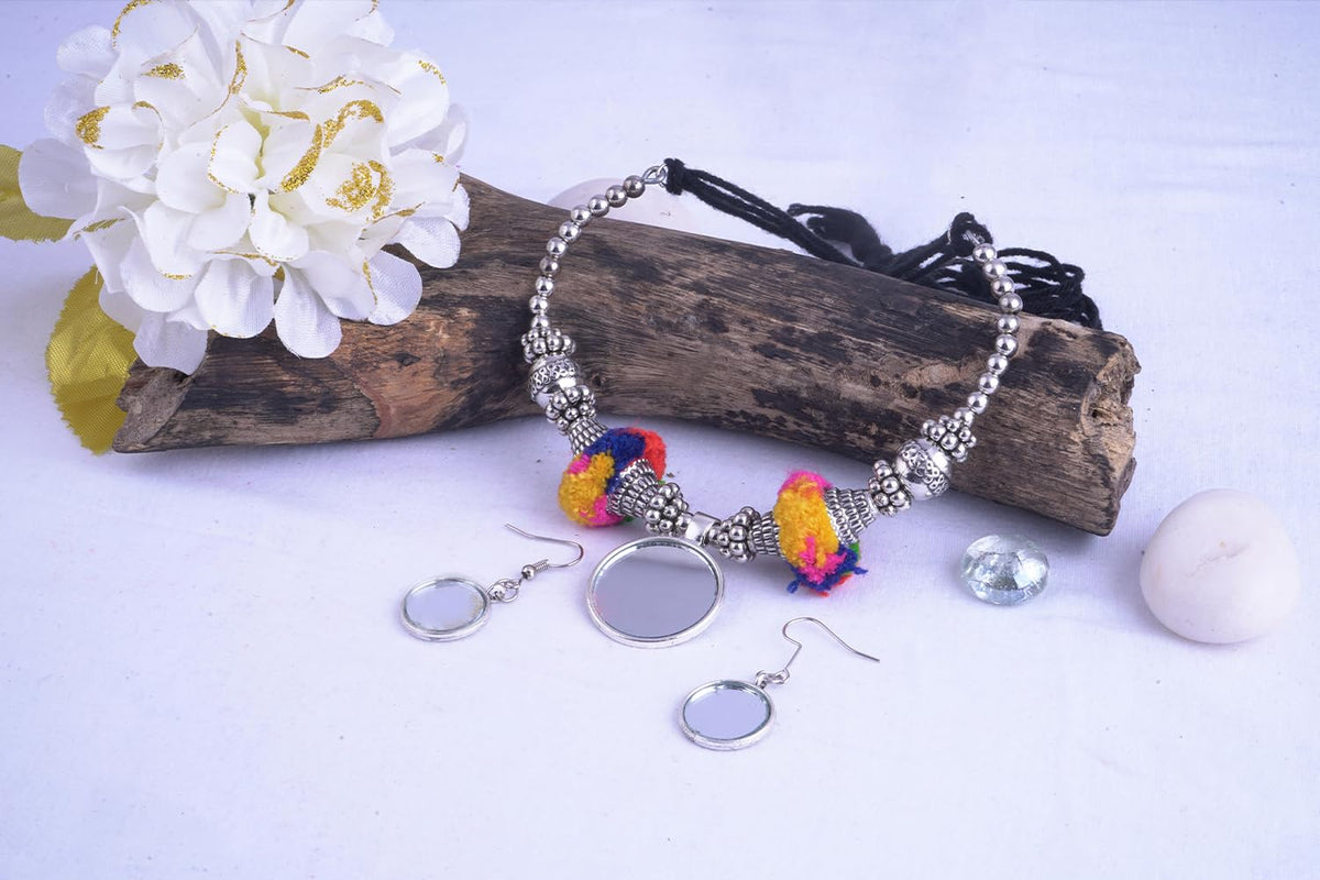 JFL - Jewellery for Less Combo Multicolor Oxidised Silver Plated Mirror Work ,Pom-Pom and Ghungroo Necklace Set with Adjustable Bracelet Women & Girls.(Navratri Special)