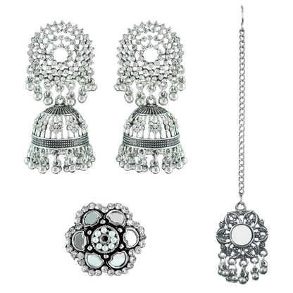 JFL - Jewellery for Less Oxidised Silver-Plated Earrings, Maang Tikka & Finger Ring Combo – Antique Finish with Mirrow Work – Ethnic Jewellery Set for Navratri