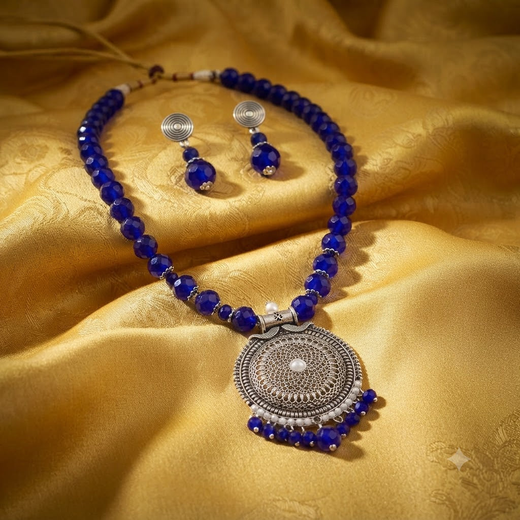JFL - Jewellery for Less Oxidized German Silver Round Pendant Royal Blue Beads Necklace with Earrings Set for Women | Antique Silver Filigree Design Jewellery Set | Navratri Special Traditional Jewellery