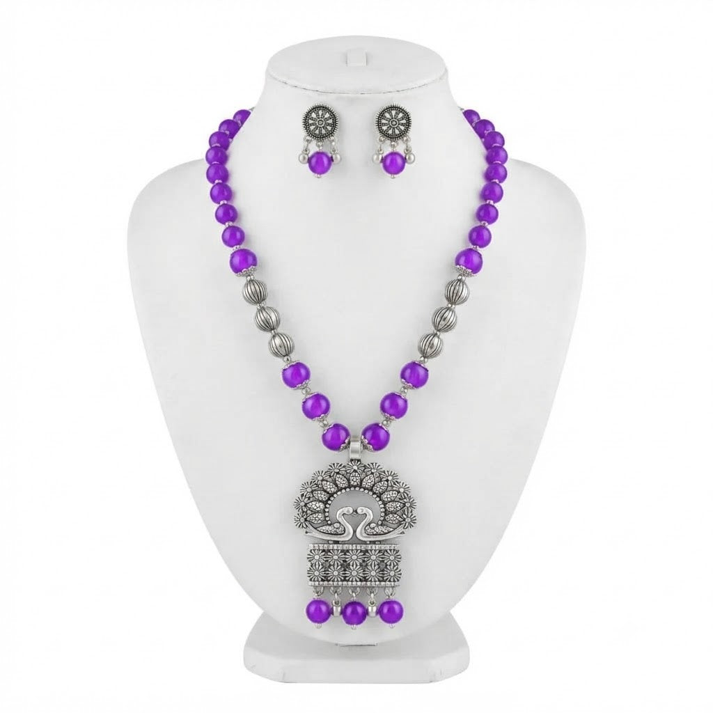 JFL - Jewellery for Less Oxidized German Silver Purple Beads Peacock Pendant Necklace with Earrings Set for Women | Antique Silver Floral Design Jewellery Set | Navratri Special Traditional Jewellery