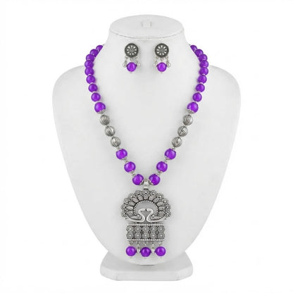 JFL - Jewellery for Less Oxidized German Silver Purple Beads Peacock Pendant Necklace with Earrings Set for Women | Antique Silver Floral Design Jewellery Set | Navratri Special Traditional Jewellery