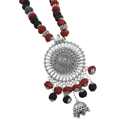 JFL-Jewellery for Less Maroon & Black Cotton Thread Necklace Set with Oxidised Silver Circular Pendant, Ghungroo Danglers & 2 Earring Pairs (Jhumka & Beaded) – Women & Girls, Navratri, Garba