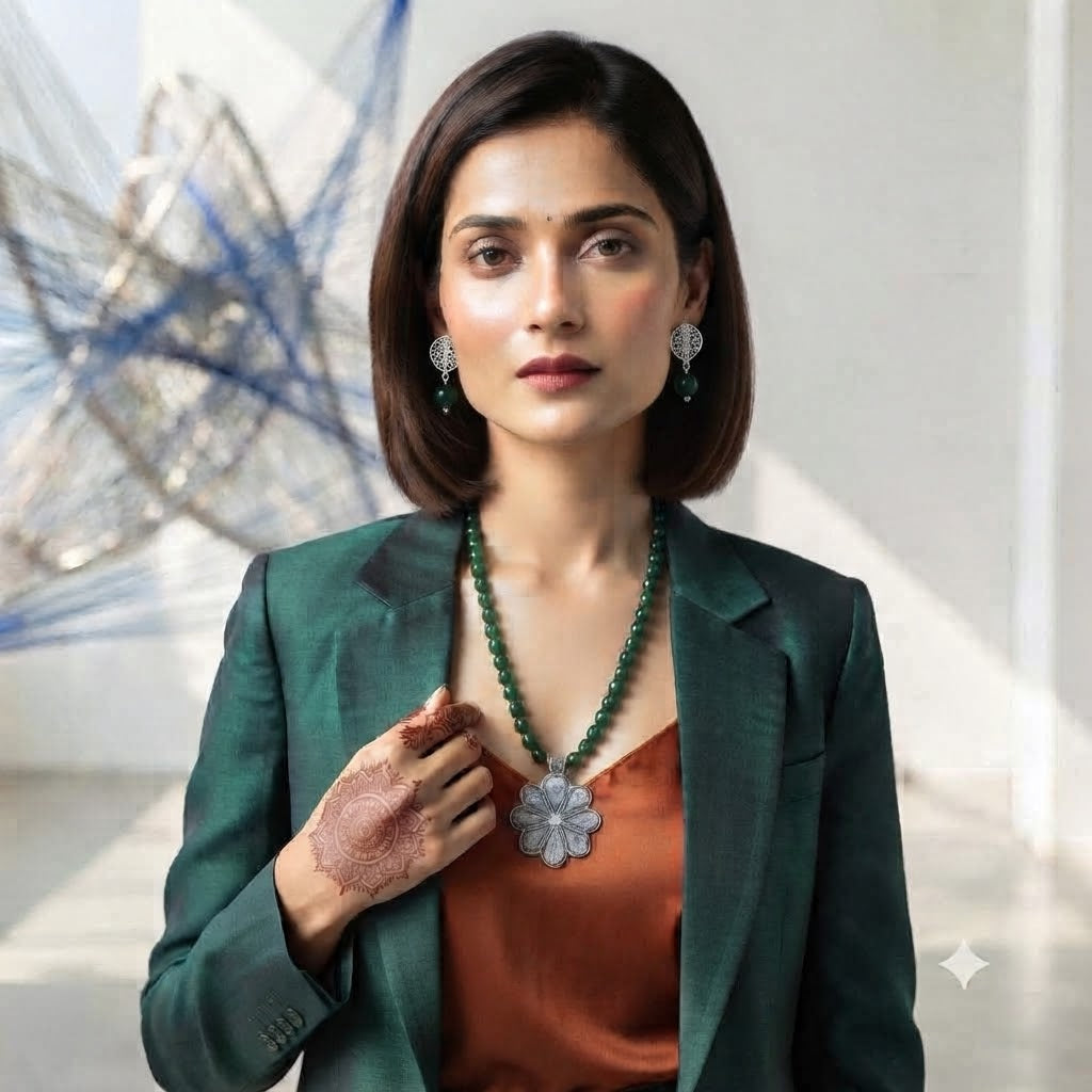 JFL - Jewellery for Less Oxidized Silver Floral Pendant Green Beaded Necklace Earrings Set for Women – Navratri Special Traditional Jewellery Set