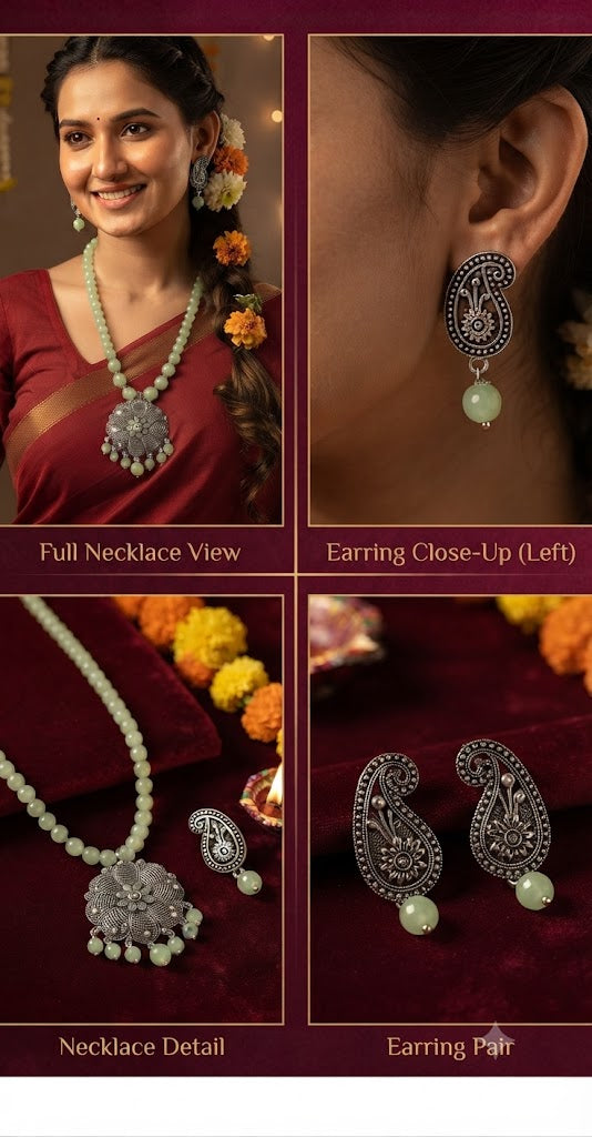 JFL - Jewellery for Less Oxidized Silver Floral Pendant Green Beaded Necklace Earrings Set – Paisley Design Jewellery Set for Women & Girls