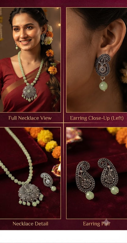JFL - Jewellery for Less Oxidized Silver Floral Pendant Green Beaded Necklace Earrings Set – Paisley Design Jewellery Set for Women & Girls
