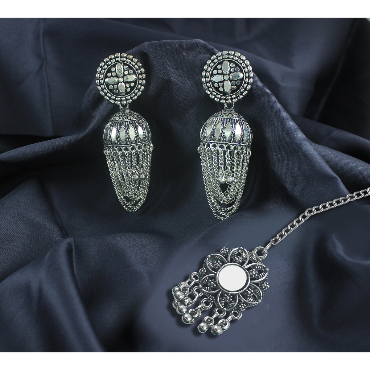 JFL - Jewellery for Less Oxidised Silver-Plated Traditional Jhumka Earrings & Maang Tikka Set for Women & GirlsCombo for Navratri, Weddings