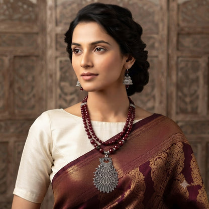 JFL - Jewellery for Less Maroon Beaded Double Layer Necklace Set with Oxidized Peacock Pendant & Matching Jhumkas – Ethnic Jewellery Set for Women