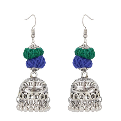 JFL-Jewellery for Less Green & Blue Cotton Thread Necklace Earrings Set with Oxidised Silver Circular Pendant & Jhumka – Handmade Jewellery for Women & Girls – Navratri, Garba