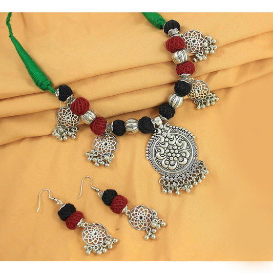 JFL- Jewellery for Less Maroon & Black Cotton Thread Necklace Earrings Set with Oxidised Silver Circular Pendant, Jhumka & Ghungroo Danglers – Jewellery for Women & Girls – Navratri, Garba
