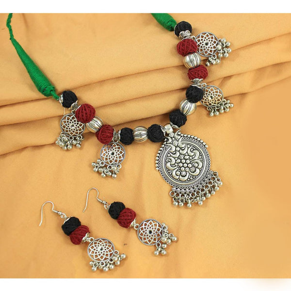 JFL- Jewellery for Less Maroon & Black Cotton Thread Necklace Earrings Set with Oxidised Silver Circular Pendant, Jhumka & Ghungroo Danglers – Jewellery for Women & Girls – Navratri, Garba