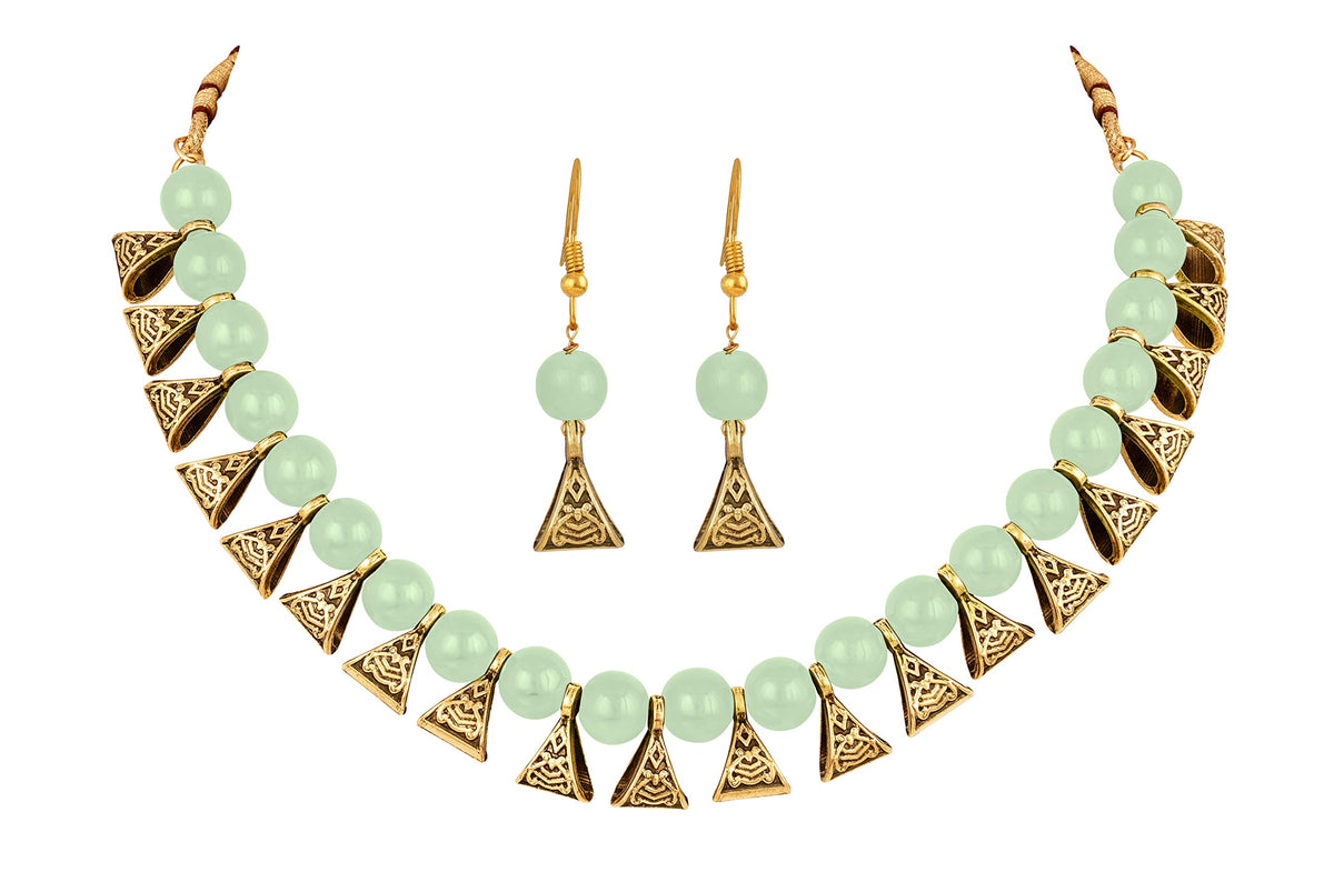 JFL - Jewellery for Less Gold Plated Fashion German Oxidized and Onyx Beaded Combo of 2 Fancy Necklace Set for Women & Girls (Black, Mint Green),Valentine