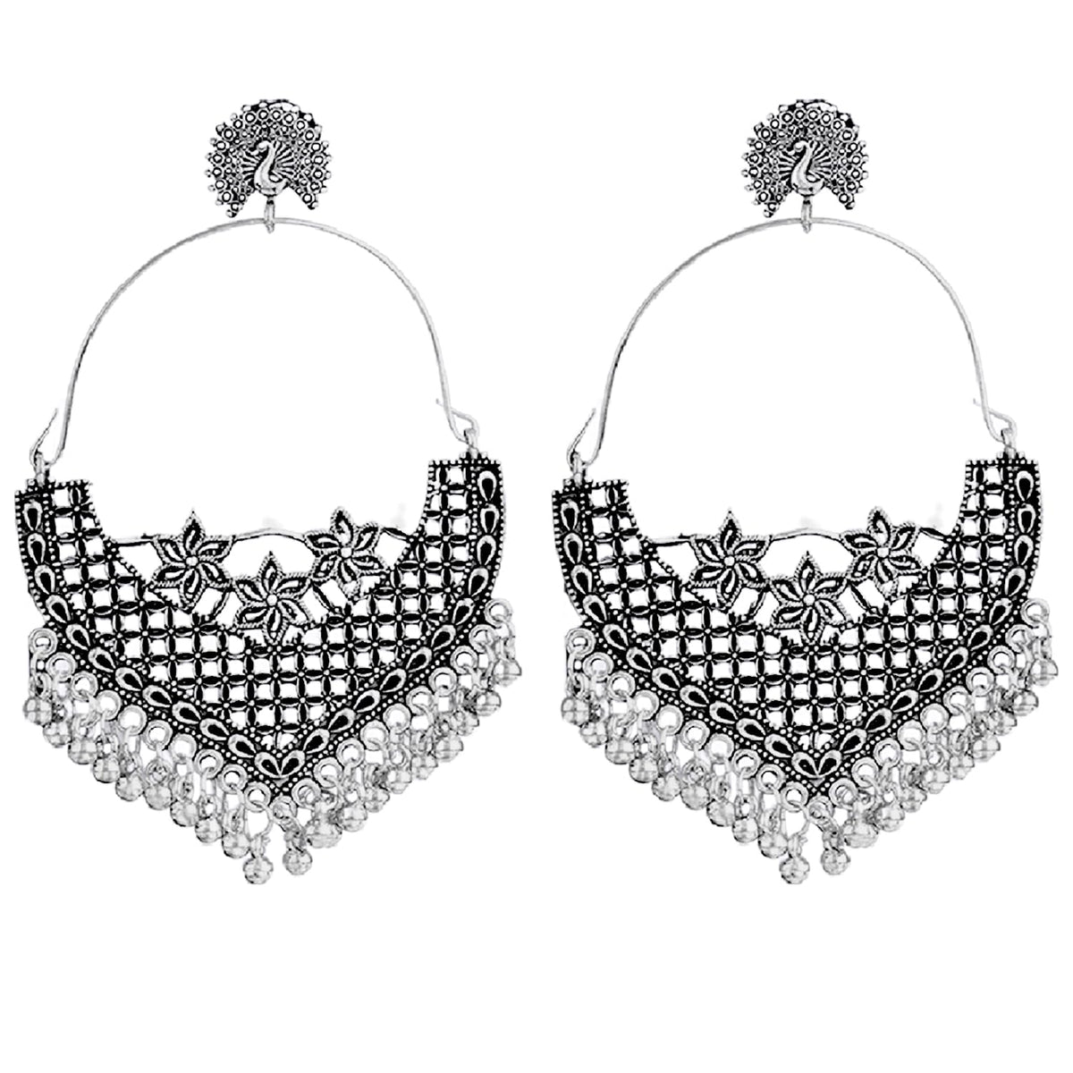 JFL-Jewellery for Less Antique Oxidised Silver Plated Peacock Design Chand Bali Earring for Women & Girls.(Navratri Special)