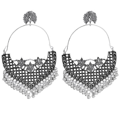 JFL-Jewellery for Less Antique Oxidised Silver Plated Peacock Design Chand Bali Earring for Women & Girls.(Navratri Special)
