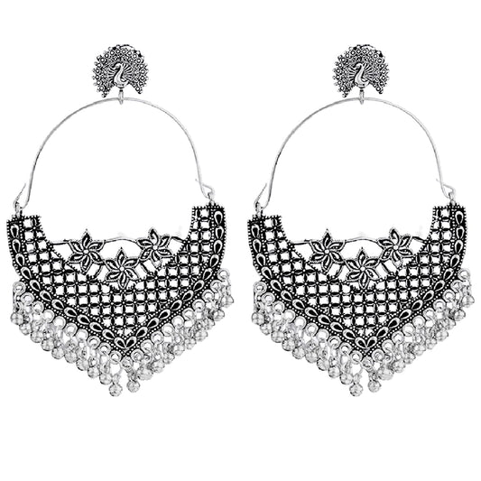 JFL-Jewellery for Less Antique Oxidised Silver Plated Peacock Design Chand Bali Earring for Women & Girls.(Navratri Special)