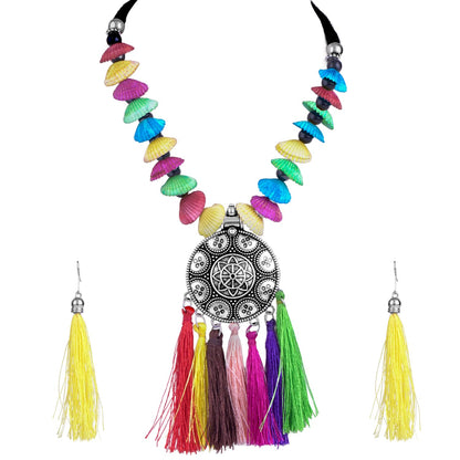 JFL - Jewellery for Less Traditional Fancy Oxidised Silver Plated Multi Colour Tassel With mussels shell Necklace Set For Women And Girls.(Navratri Special)