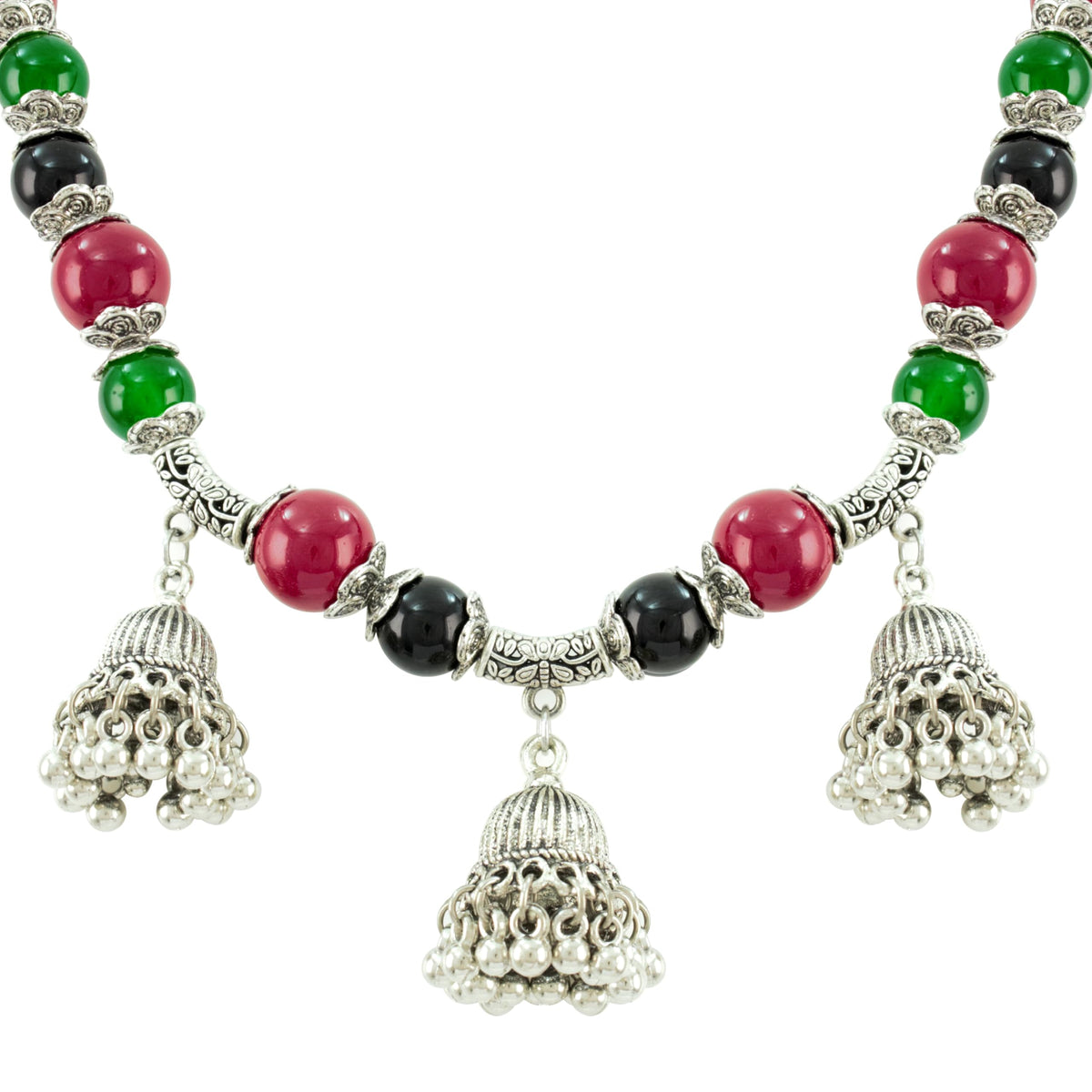 JFL-Jewellery for Less Maroon Green & Black Necklace Earrings Set with Oxidised Silver Beads & Jhumka Danglers – Traditional Jewellery for Women & Girls, Navratri, Garba
