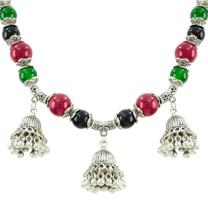 JFL-Jewellery for Less Maroon Green & Black Necklace Earrings Set with Oxidised Silver Beads & Jhumka Danglers – Traditional Jewellery for Women & Girls, Navratri, Garba