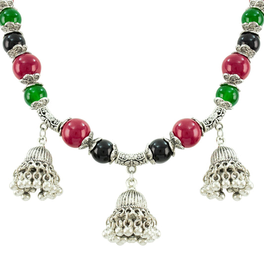 JFL-Jewellery for Less Maroon Green & Black Necklace Earrings Set with Oxidised Silver Beads & Jhumka Danglers – Traditional Jewellery for Women & Girls, Navratri, Garba
