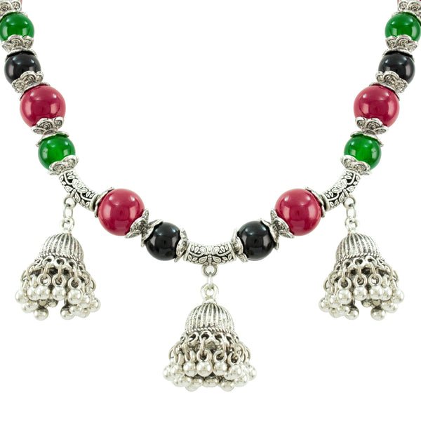 JFL-Jewellery for Less Maroon Green & Black Necklace Earrings Set with Oxidised Silver Beads & Jhumka Danglers – Traditional Jewellery for Women & Girls, Navratri, Garba