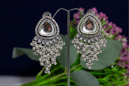 JFL-Jewellery for Less Stylish Antique Oxidised Silver Plated White Kundan with Ghungroo Drop Design Earring for Women & Girls.(Navratri Special)