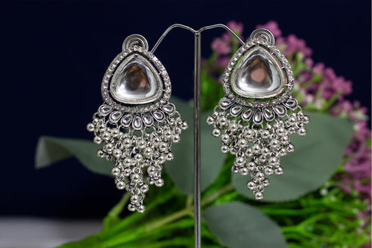 JFL-Jewellery for Less Stylish Antique Oxidised Silver Plated White Kundan with Ghungroo Drop Design Earring for Women & Girls.(Navratri Special)