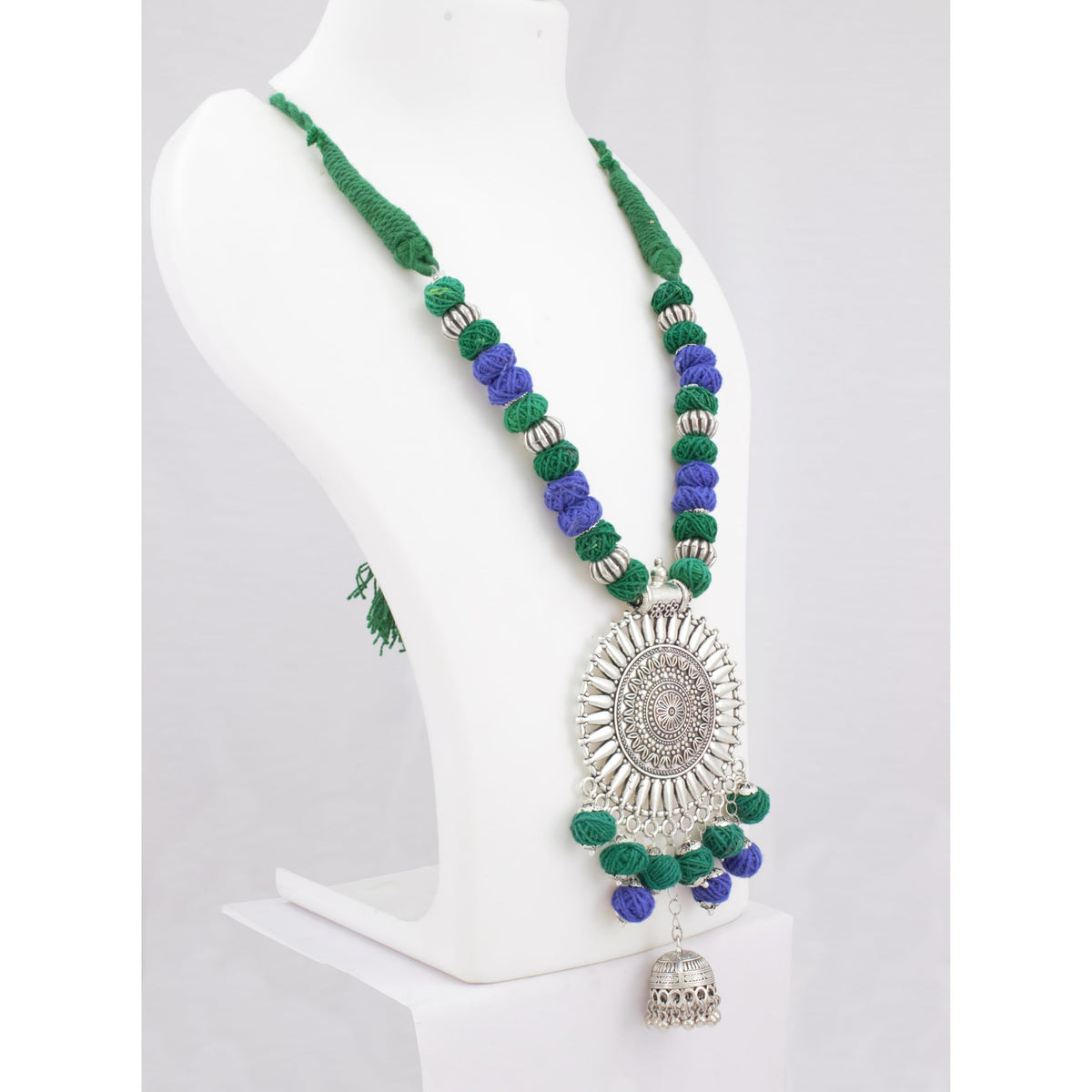 JFL-Jewellery for Less Green & Blue Cotton Thread Necklace Earrings Set with Oxidised Silver Circular Pendant & Jhumka – Handmade Jewellery for Women & Girls – Navratri, Garba